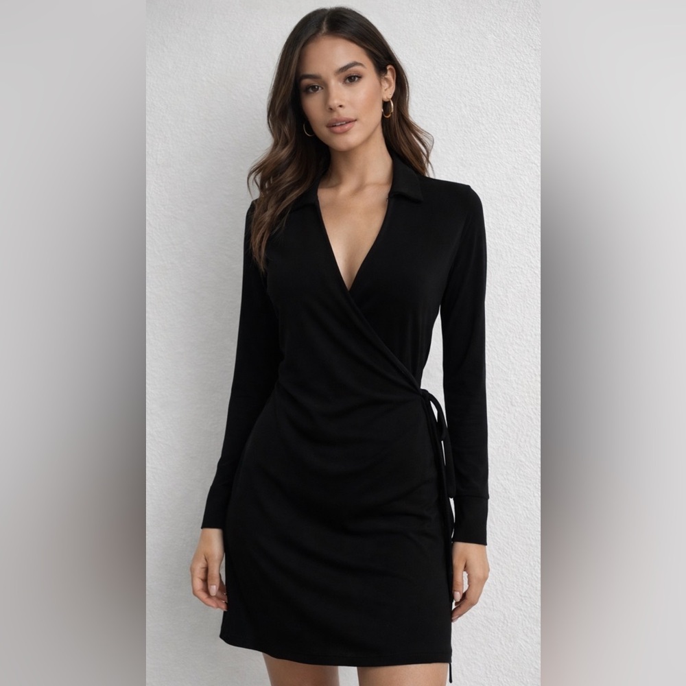 INC International Concepts Black Wrap Dress - Long Sleeve and Collard